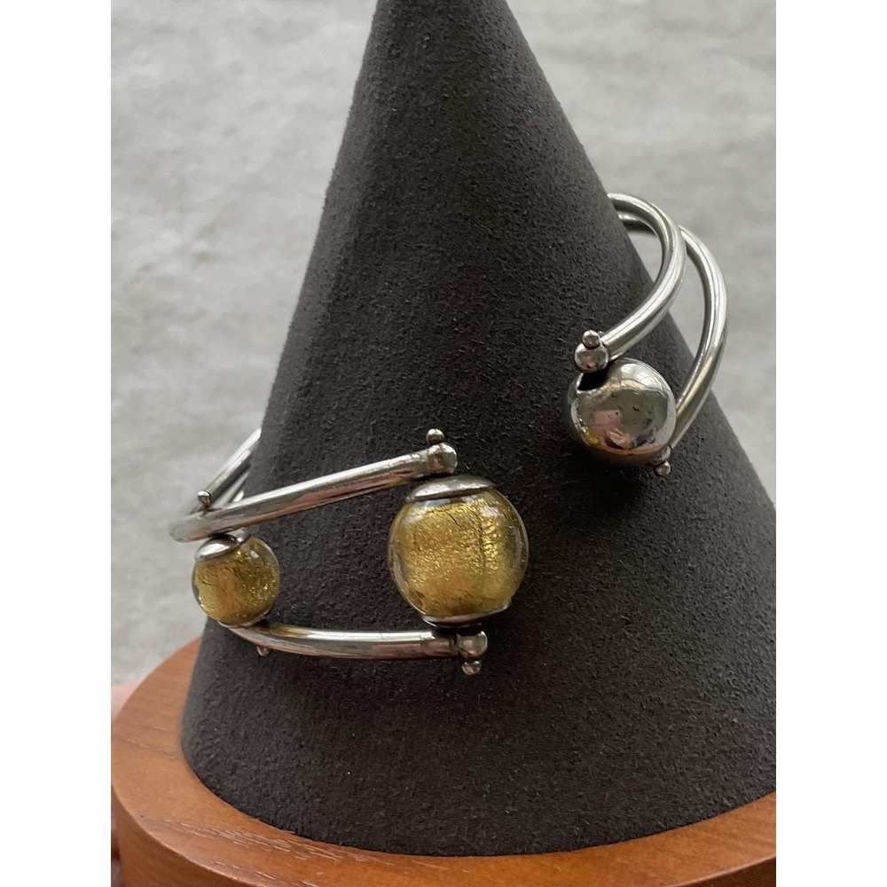 Vintage 925 Sterling Silver Bangle Bracelet Metal & Glass Ball Estate Jewelry